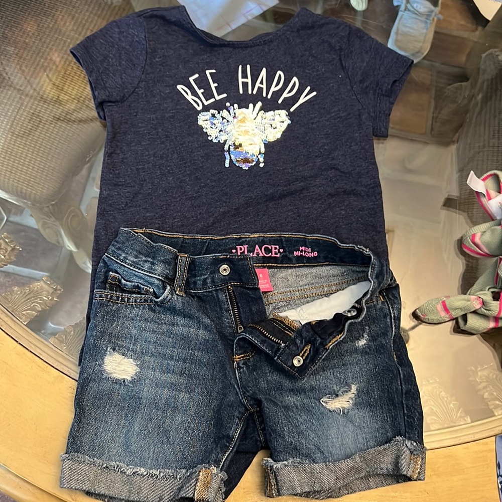 Girls midi length denim shorts and a coordinating top. EUC. Worn once